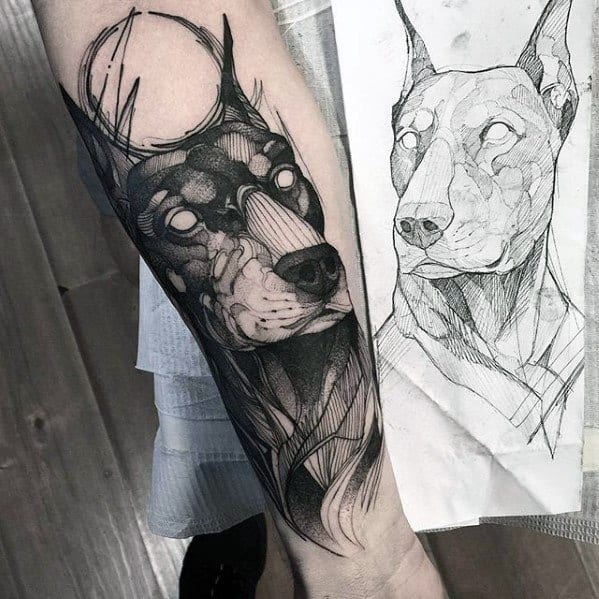 Abstract linework Doberman tattoo with bold black shading and dynamic sketch-style strokes, paired with the original stencil drawing.