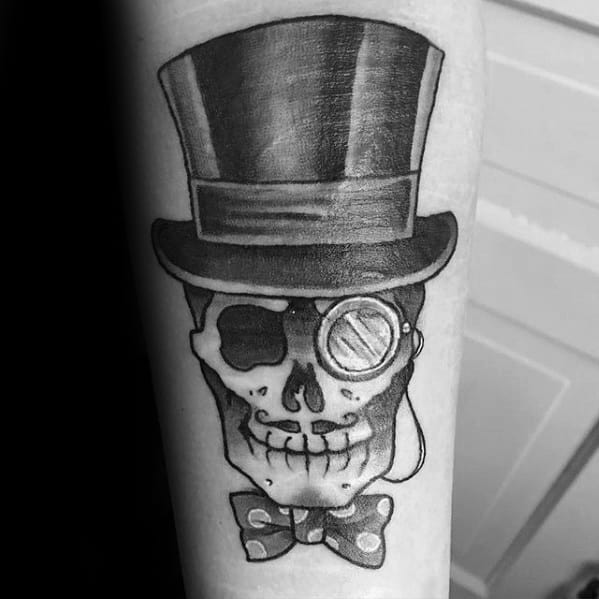 Forearm Skull Bowtie Top Hat Mens Tattoo Ideas