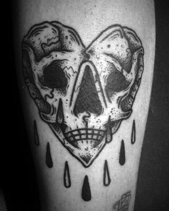 Tattoo of a heart-shaped skull with dark hollow eyes and mouth, surrounded by teardrop shapes
