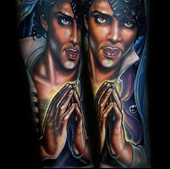 A vibrant, double-portrait tattoo of Prince, emphasizing his iconic style and magnetic personality.
