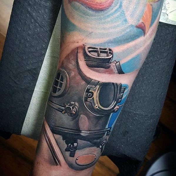 Forearm Sleeve 3d Realistic Mens Tattoo Ideas With Diving Helmet Design