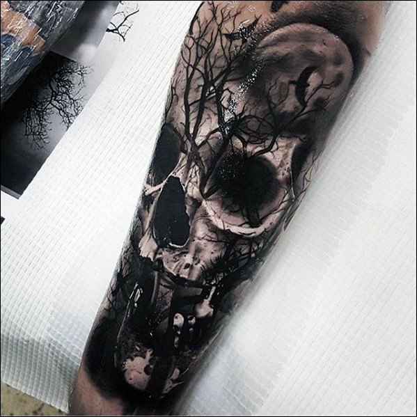 Forearm Sleeve 3d Skull And Trees Mens Rad Tattoo Design Inspiration