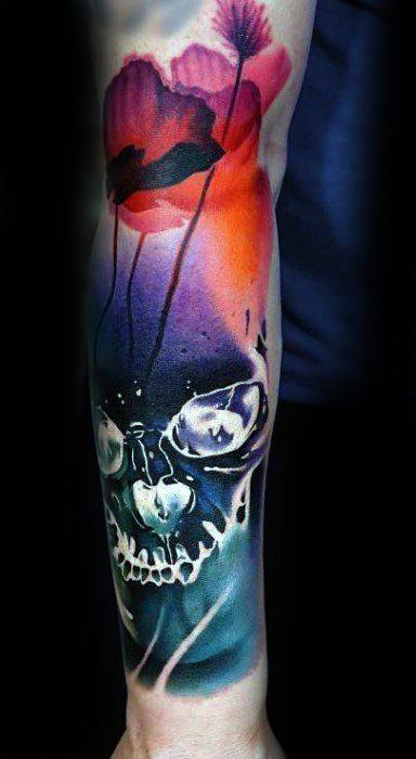 Forearm Sleeve 3d Watercolor Skull Mens Tattoo Ideas