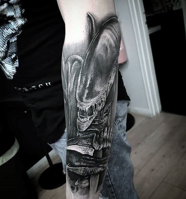 Forearm Sleeve Alien Black And Grey Male Tattoo Ideas