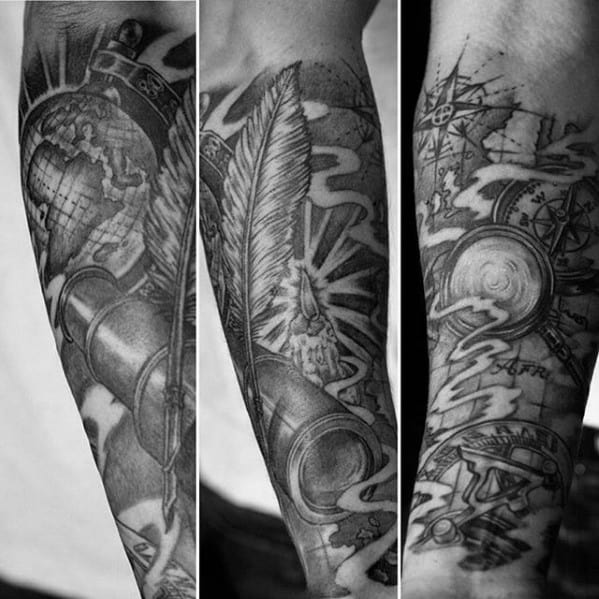 Detailed arm tattoo featuring a telescope, quill, globe, compass, and nautical themes in black and gray
