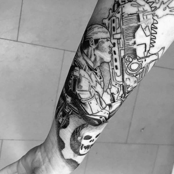 Forearm Sleeve Black Ink Gears Of War Guys Tattoo Ideas