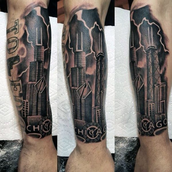 Forearm Sleeve Chicago Skyline With Thunder Lightning Tattoo For Men