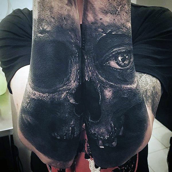 Forearm Sleeve Crazy Realistic Skull Tattoos On Man