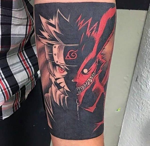 Tattoo of anime character with a Naruto headband, featuring a half-human, half-beast face on a forearm