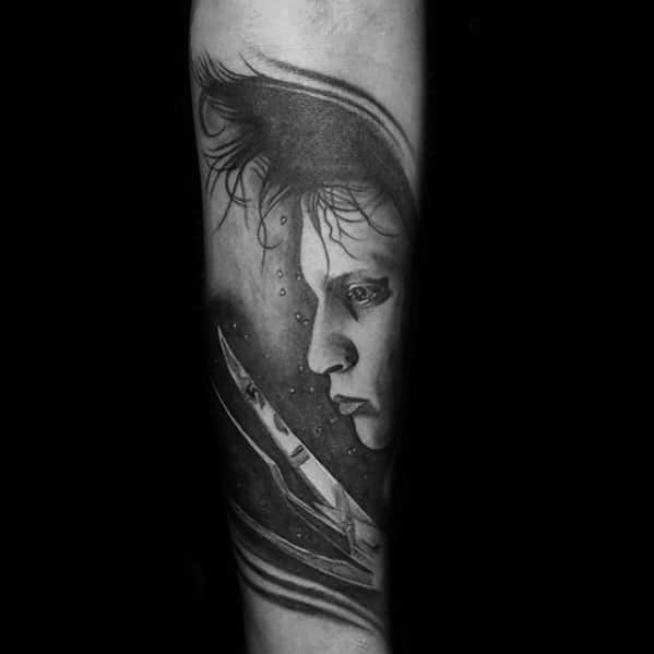Forearm Sleeve Heavily Shaded Edward Scissorhands Tattoo Designs For Guys
