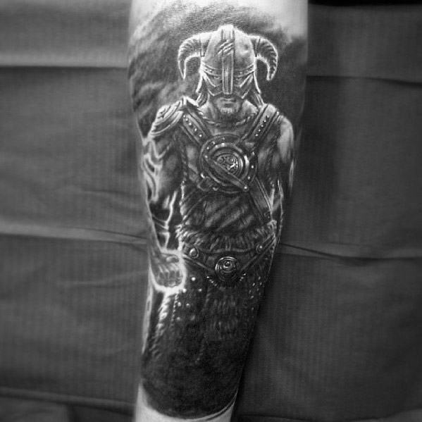 Tattoo of a Skyrim warrior in armor with horned helmet on an arm