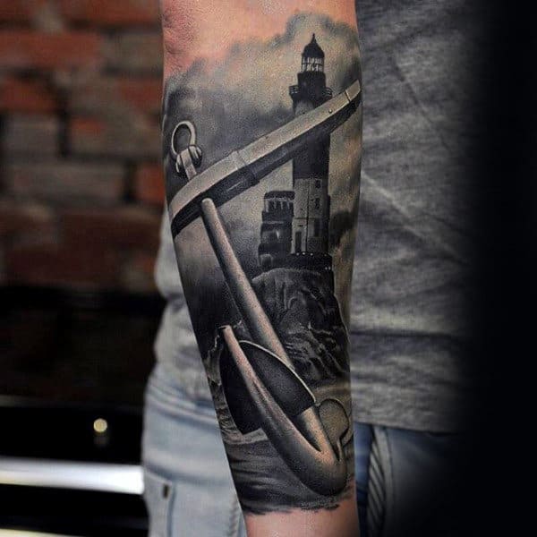 Forearm Sleeve Insane Realistic 3d Anchor With Lighthouse Male Tattoos