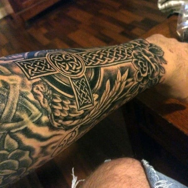 Forearm Sleeve Irish Celtic Cross Tattoos For Guys