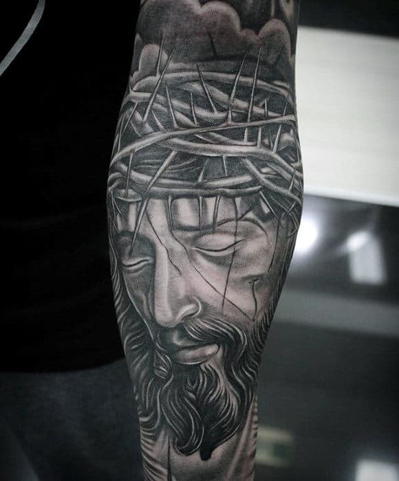 Forearm Sleeve Jesus Crown Of Thorn Christian Tattoos For Guys