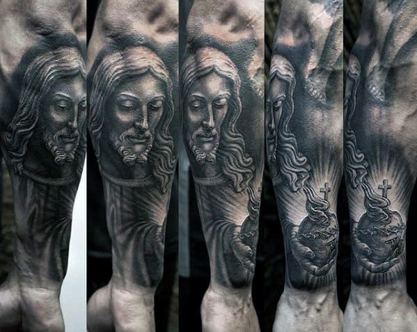 Forearm Sleeve Jesus Sacred Heart Tattoo On Gentleman