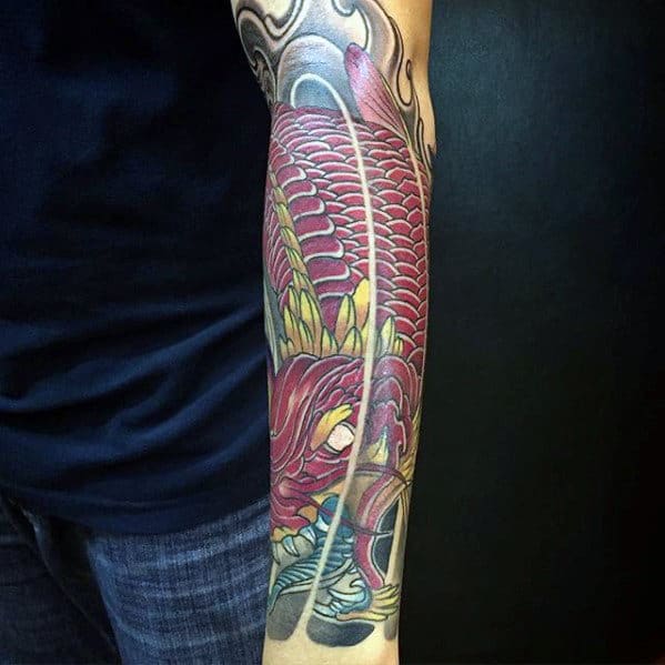 Forearm Sleeve Koi Dragon Tattoo On Guy