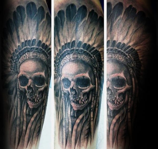 Forearm Sleeve Male Indian Skull Tattoo Ideas