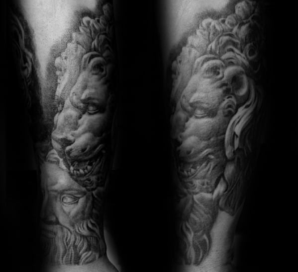Forearm Sleeve Male Lion Statue Tattoo Design Inspiration