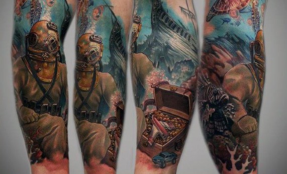 Full sleeve tattoo with a vintage deep-sea diver, sunken ship, treasure chest, coral reef, and marine life in a vibrant underwater scene.