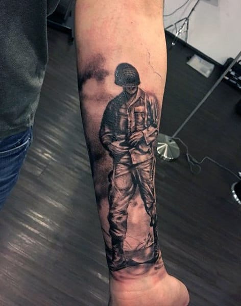 Forearm Sleeve Male Tattoo Of Shaded Black And Grey Ink Army Solider