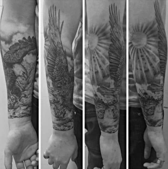 Forearm Sleeve Manly River Flying Eagle Tattoo Design Ideas For Men