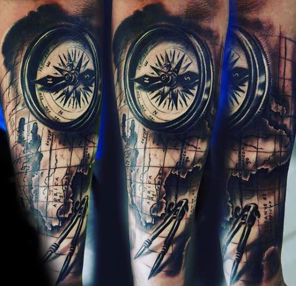 Forearm Sleeve Map With Compass Travel Tattoo Designs On Men