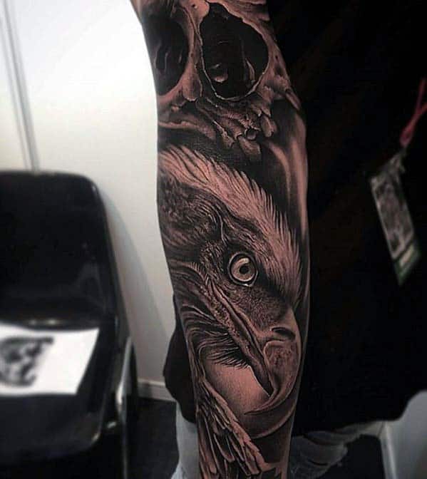 Forearm Sleeve Mens Badass Bald Eagle With Skull Tattoo