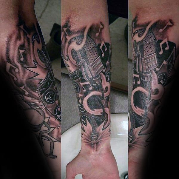 Forearm Sleeve Mens Music Note Microphone Tattoo Ideas