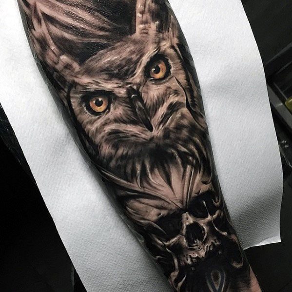 Forearm Sleeve Mens Owl Skull Tattoo Design Ideas