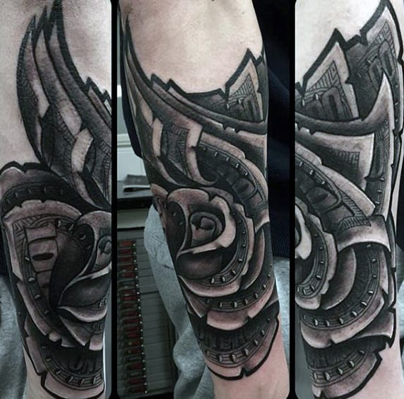 Bold money rose forearm sleeve tattoo with intricate shading, 3D effects, and detailed currency-inspired designs