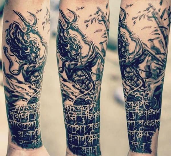 Forearm Sleeve Negative Space Sanskrit Tattoo Ideas For Males