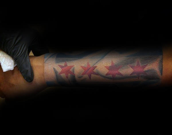 Forearm Sleeve Of Chicago Flag Tattoo On Male