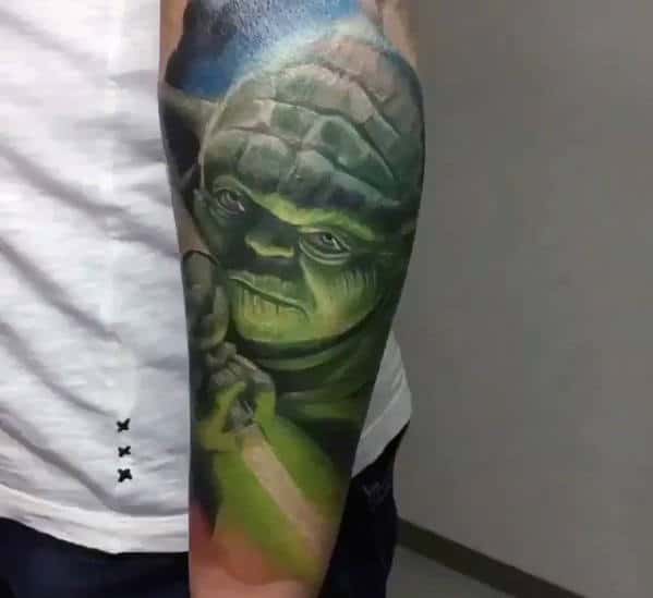 Forearm Sleeve Of Yoda Holding Light Saber Mens Tattoo