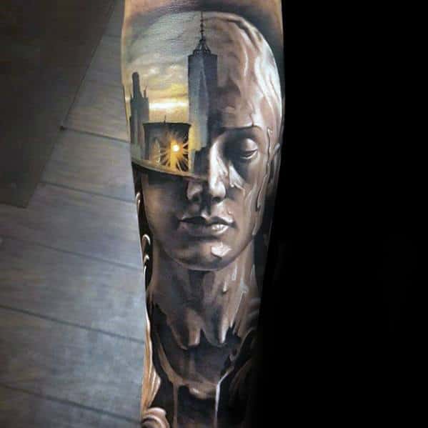 Forearm Sleeve Portrait With Skyline Awesome Ink Morph Tattoos For Men