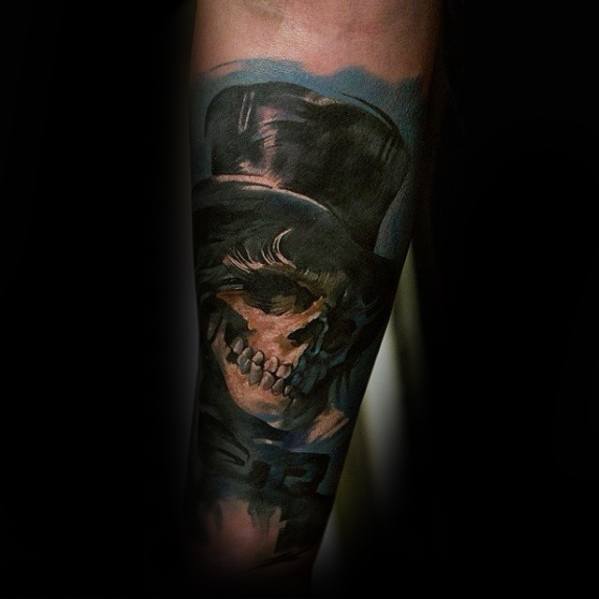 Forearm Sleeve Realistic Skull Male Cool Top Hat Tattoo Ideas