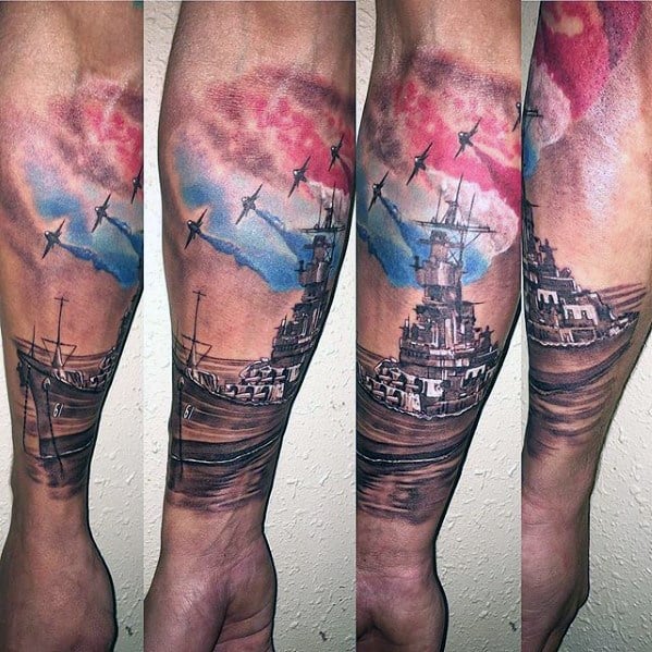Realistic battleship tattoo design, featuring a large warship at sea, fighter planes with red and blue smoke trails in the background, and detailed shading of water and sky