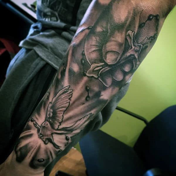 Forearm Sleeve Rosary Chain Tattoos For Males
