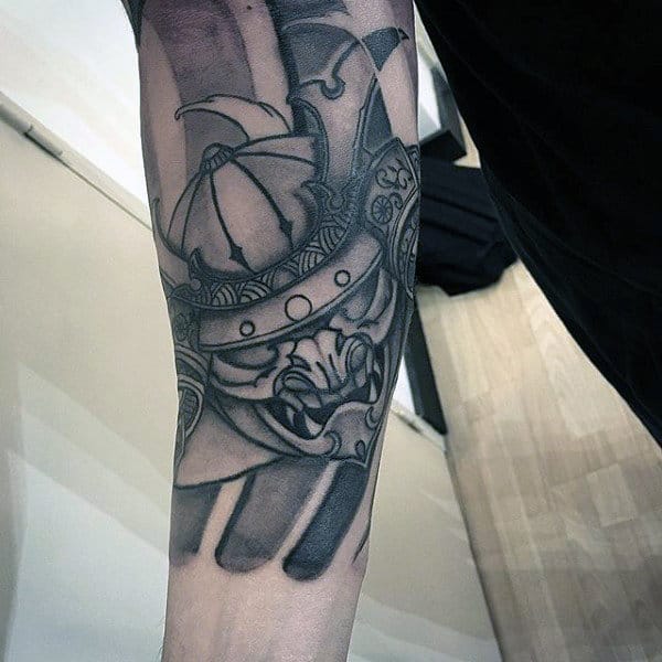 Forearm Sleeve Samurai Helmet Tattoo On Male