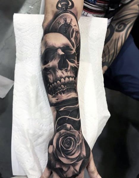 Forearm Sleeve Skull And Rose Black Ink Mens Tattoos