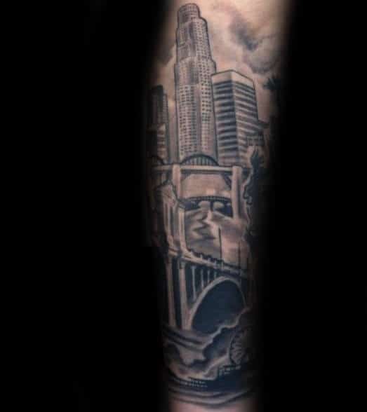 Forearm Sleeve Skyline With Bridge Male Tattoos