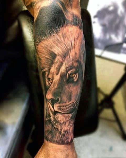Forearm Sleeve Tattoo Of Cool Lion On Male