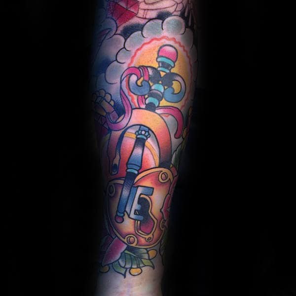 Forearm Sleeve Tattoo Of Lock And Key For Males