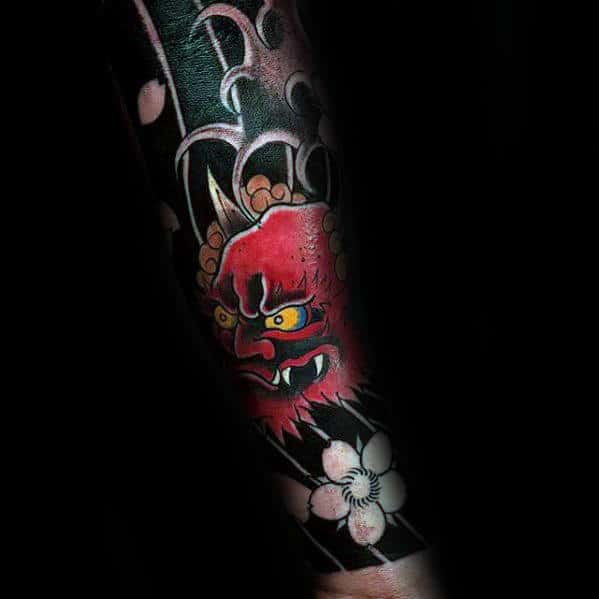 Forearm Sleeve Tattoo Of Red Japanese Demon For Guys