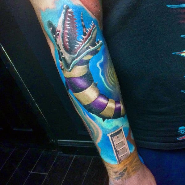 Forearm Sleeve Tattoo With 3d Snakeworm From Beetlejuice For Men