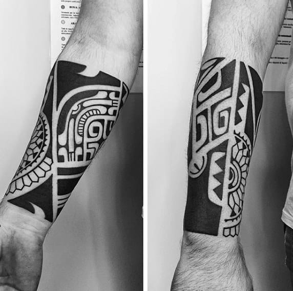 Forearm Sleeve Tattoo With Tribal Black Ink Design For Guys