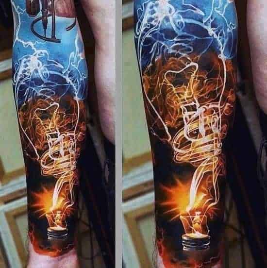 Realistic light bulb tattoo on an arm, glowing with colorful flames and smoke