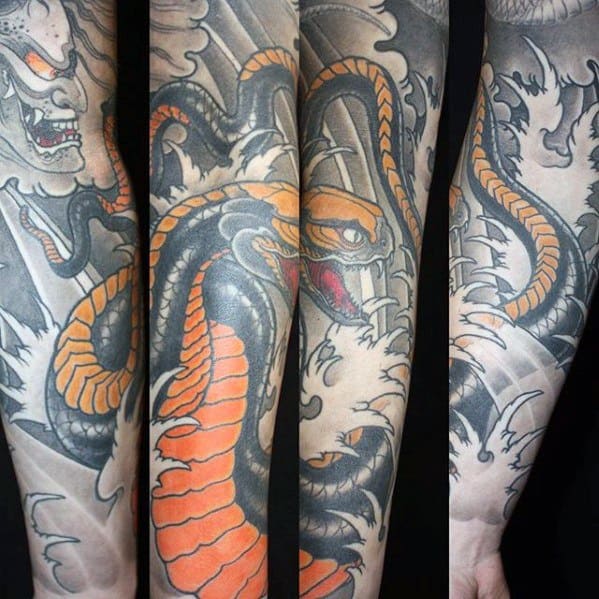 Forearm Sleeve Water Waves Japanese Snake Tattoo Design On Man