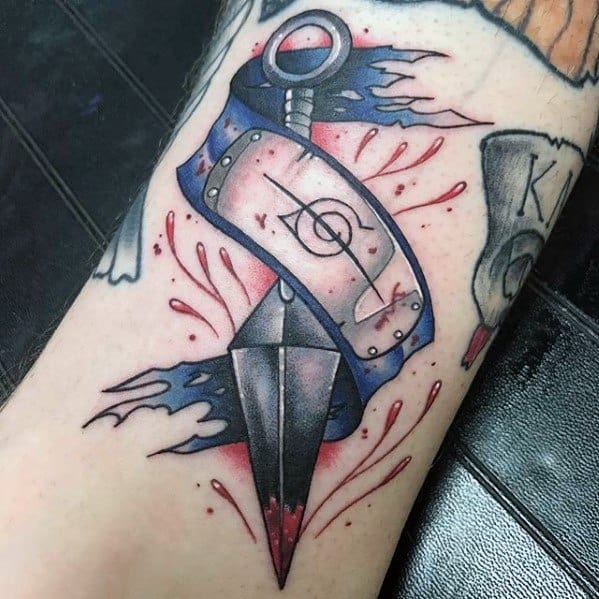 Tattoo of a dagger with a blue ribbon, red splashes, and Naruto-inspired elements