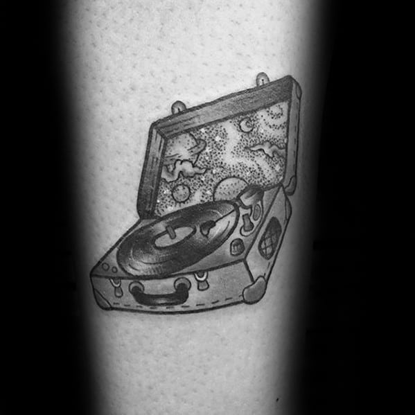 Forearm Small Mens Suitcase Vinyl Record Tattoo Design Ideas