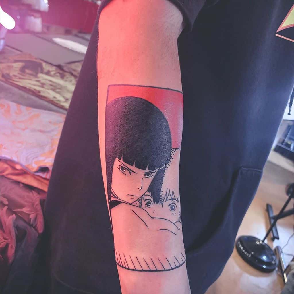 Bold Spirited Away tattoo of Haku protectively embracing Chihiro, framed in a red gradient rectangle with clean anime-style linework